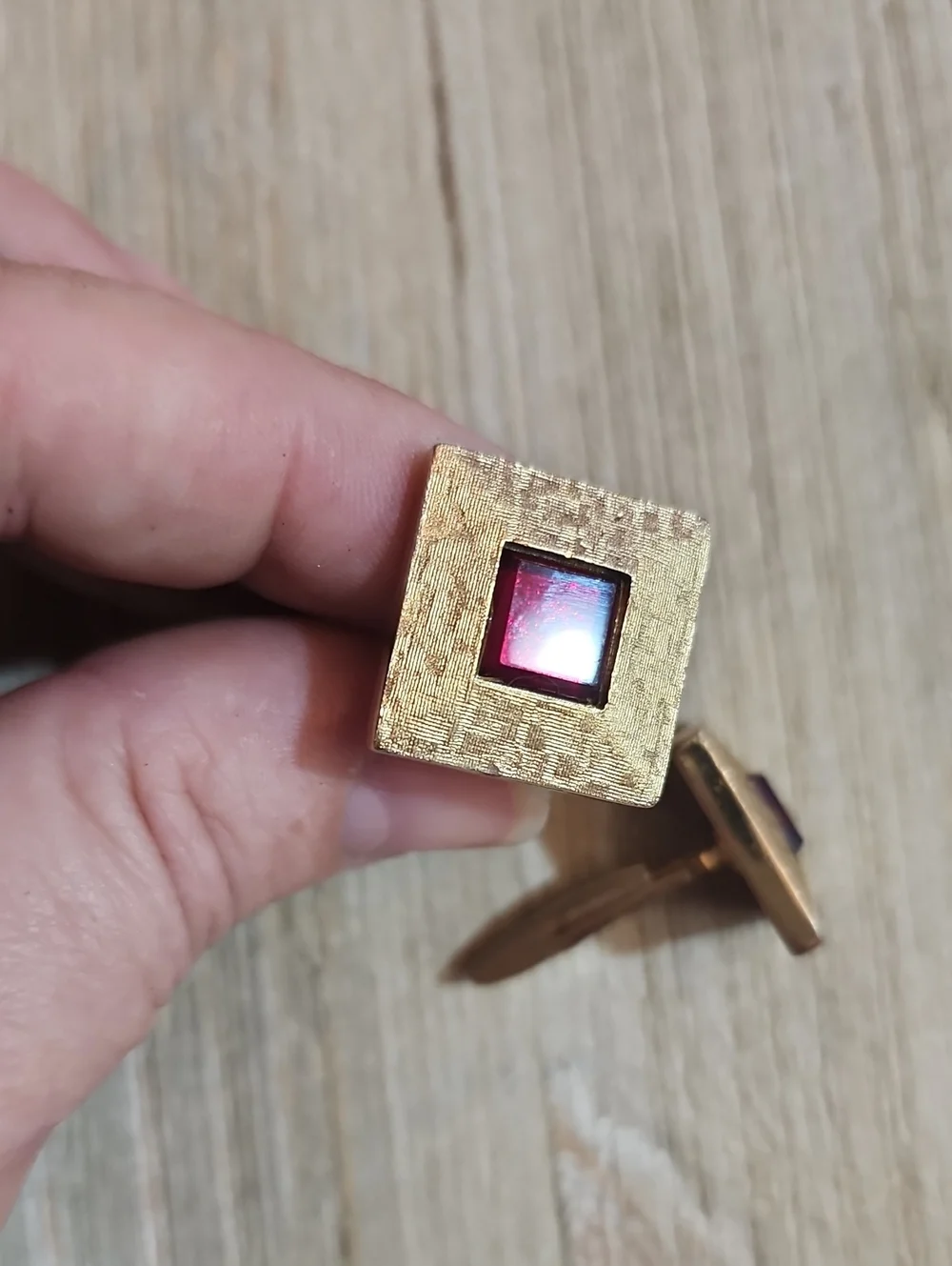 Vintage Gold-Tone Square Cufflinks with Red Stone